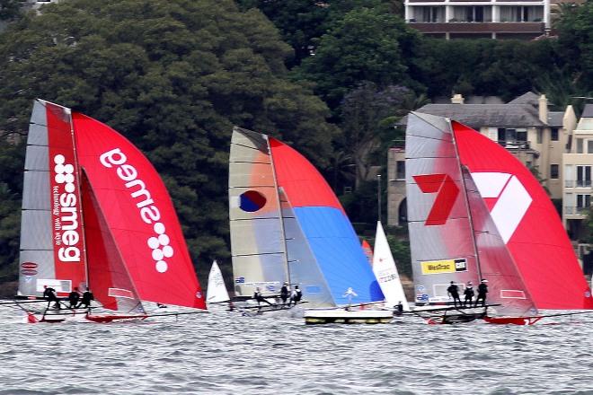 Three leaders on the first lap between the islands - 2015 NSW 18ft Skiff Championship © Frank Quealey /Australian 18 Footers League http://www.18footers.com.au